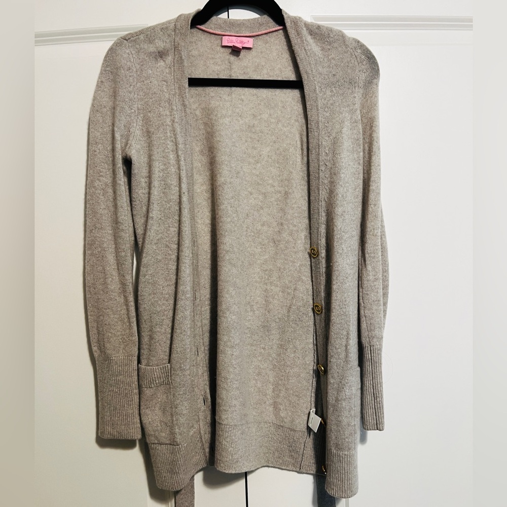 Lilly Pulitzer Grey 100% Cashmere Belted Cardigan